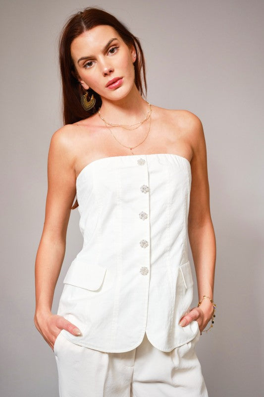 Twill Rhinestone Button Tube Top