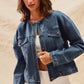 Collarless Denim Jacket With Front Pockets