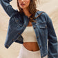 Collarless Denim Jacket With Front Pockets