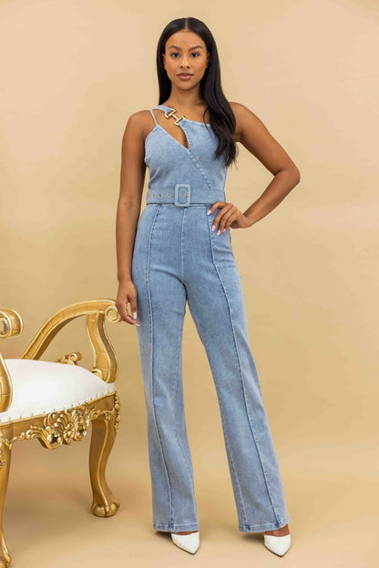 One Shoulder Denim Jumpsuit