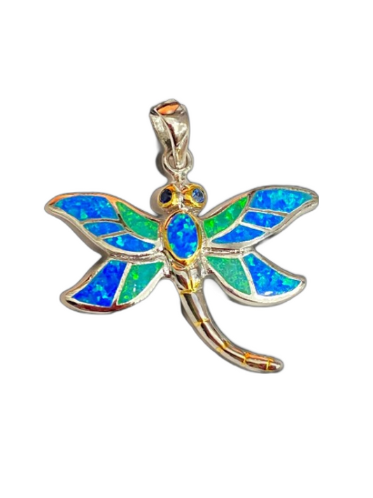 Blue and Green Crushed Opal Dragonfly pendant