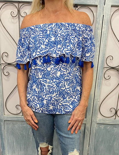 Off The Shoulder Blue Coral Top