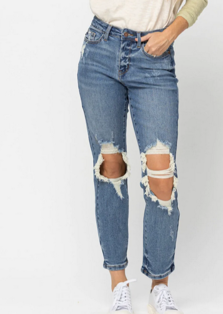 Blue High Waist Destroyed Boyfriend Fit