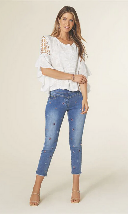 OMG Straight Leg JeanEmbroidered Capri- Medium Denim