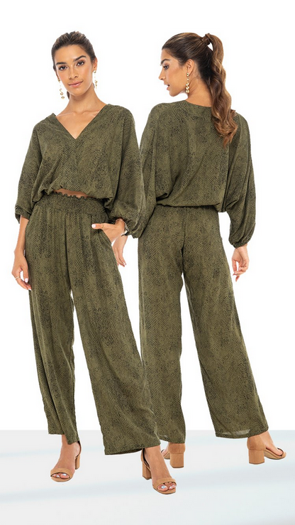 Zaina Smocked High Waisted Snake Print Pants