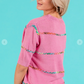 Rainbow Stitch Detail Short Sleeve Sweater Top