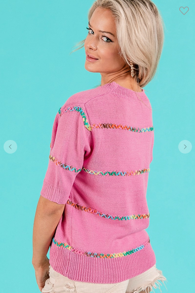 Rainbow Stitch Detail Short Sleeve Sweater Top