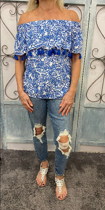Off The Shoulder Blue Coral Top