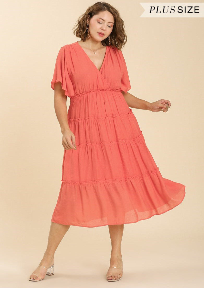 Smocked Short Sleeve Midi Dress (Curvy Sizes)